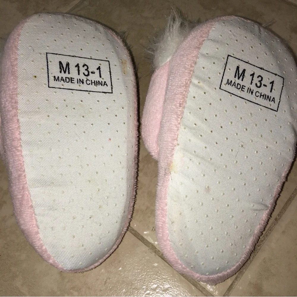 Pink bunny slippers with fur and cute eyes Child slippers, 7 inches long